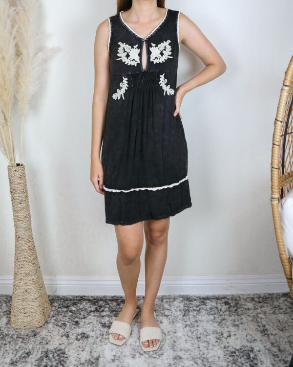 Ckoey - Acid Wash Floral Embroidery Dress - Vintage Black